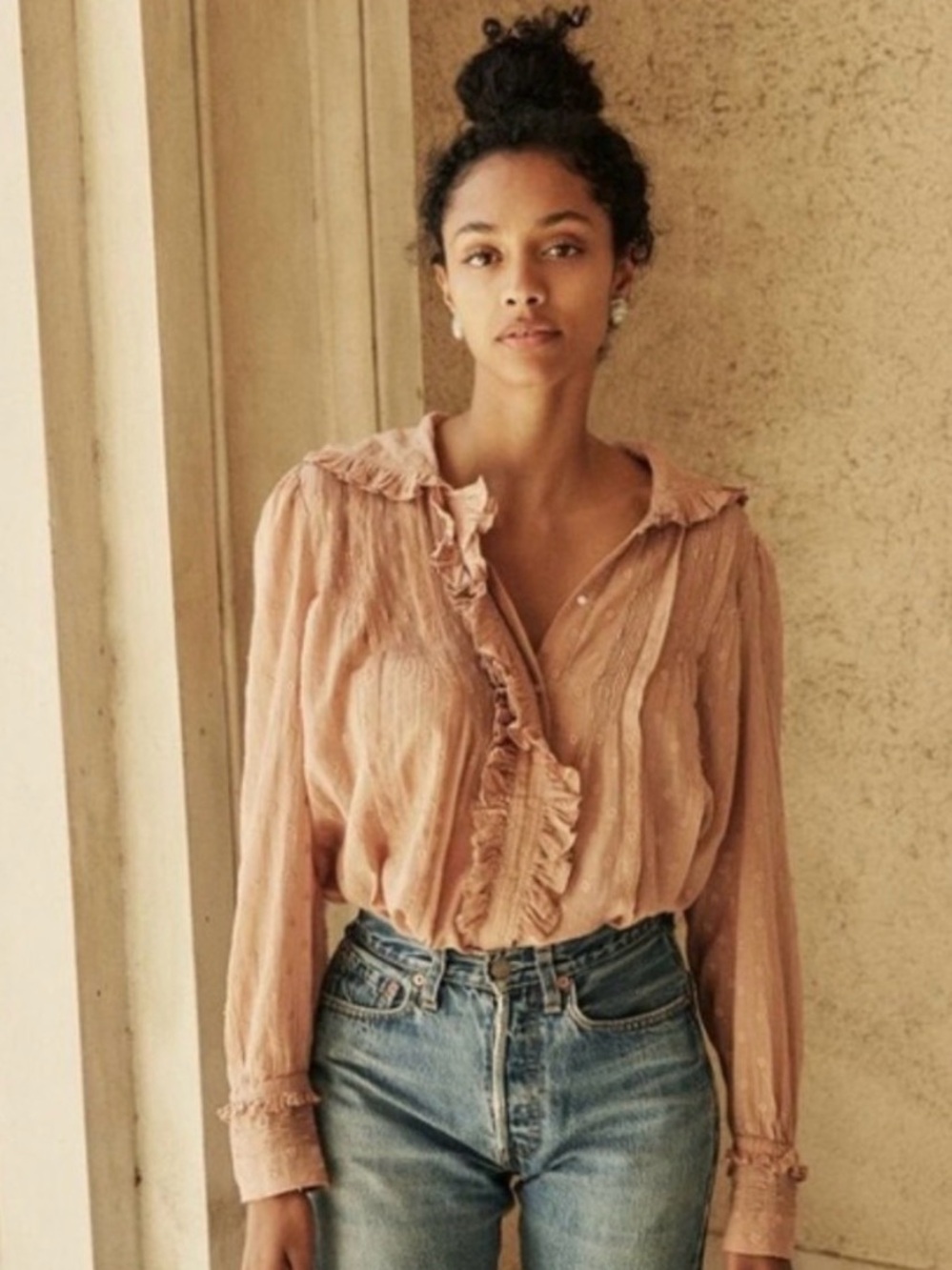 DÔEN Dilly Toffee Ruffle Trim Cotton Blouse Medium Romantic Boho - Picture 1 of 12